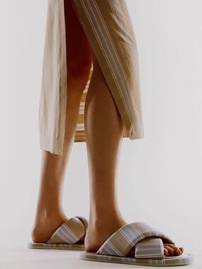 Zara Striped Padded Slide Sandals Beige tan blue shoes summer flats